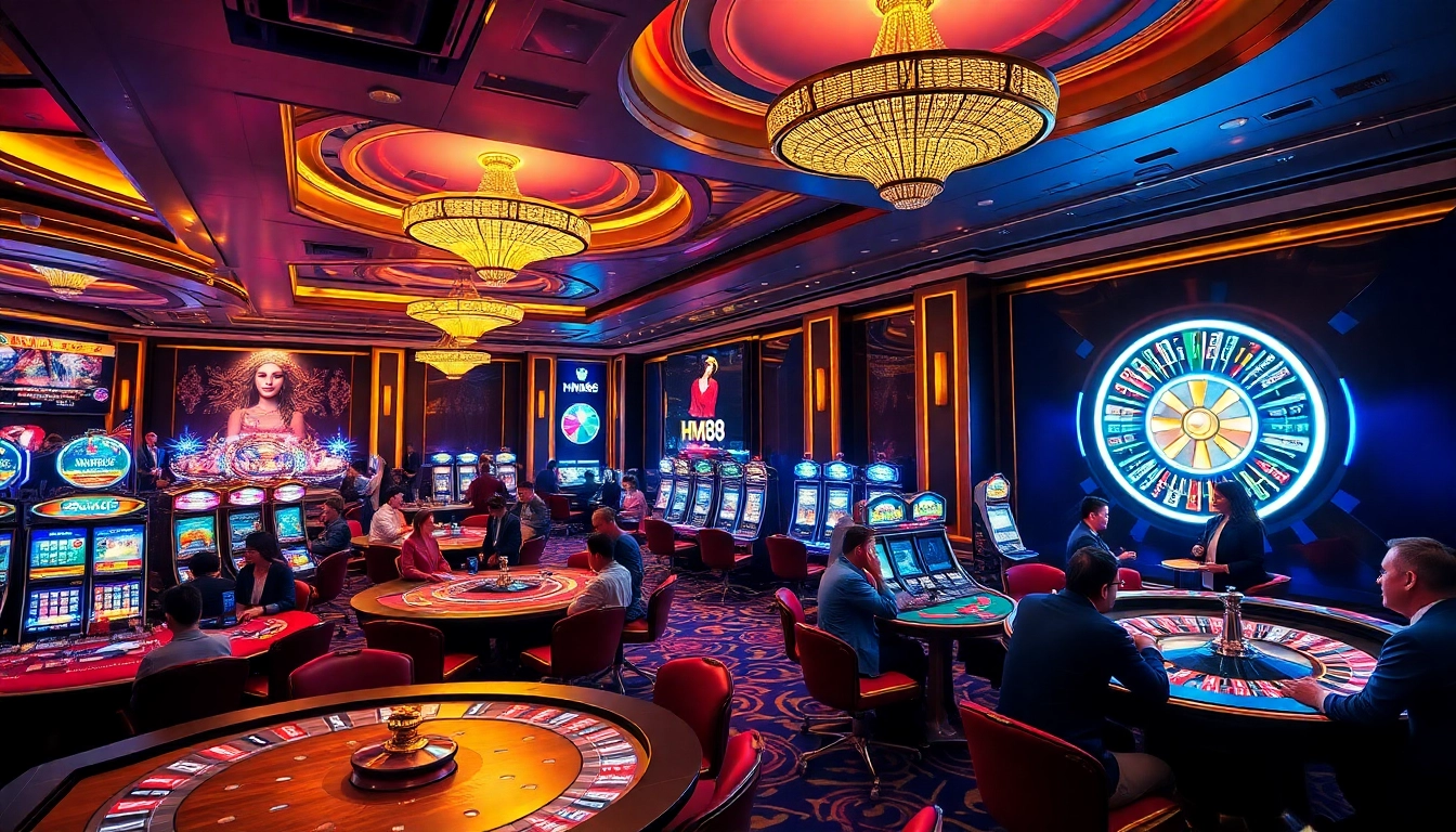 Excited gamblers enjoying casino games with hm88-themed decor, rich in color and excitement.