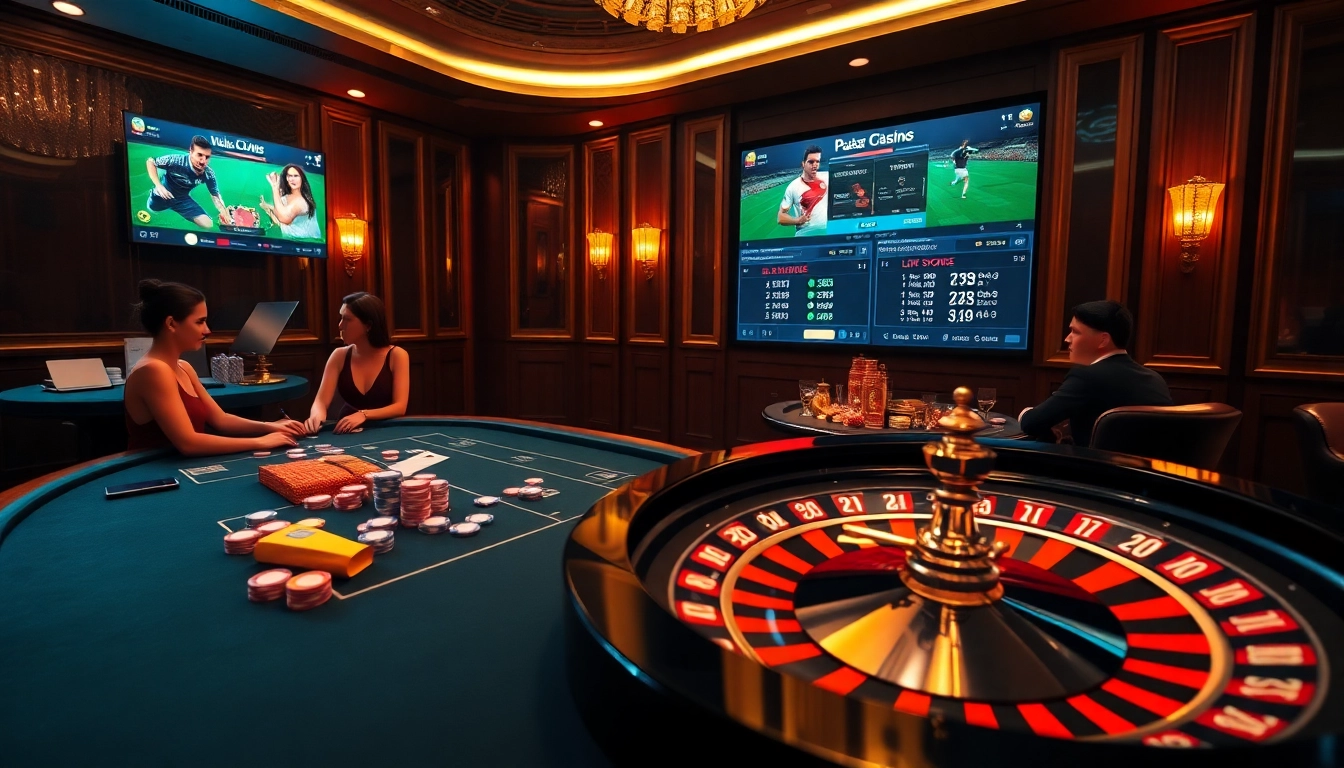 vaoluoitv poker table scene with players and live football stats on digital screens