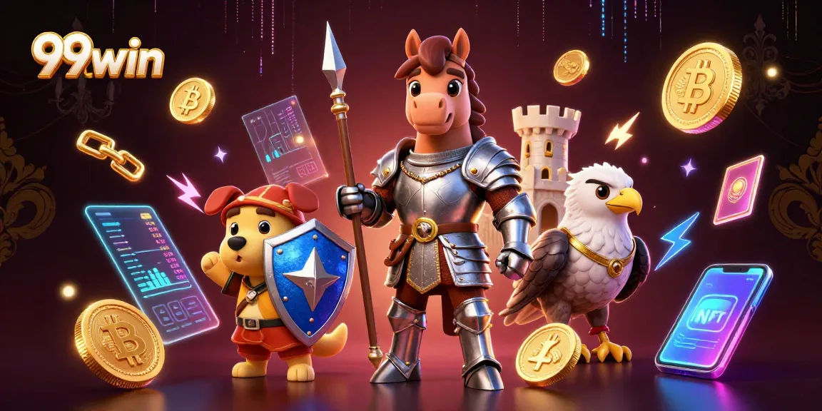 Experience epic gaming with 99win in a vibrant 3D casino scene featuring knights and crypto elements.