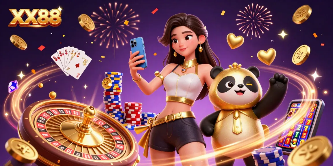 Spin and win at XX88 with an elegant gamer enjoying a vibrant casino atmosphere.