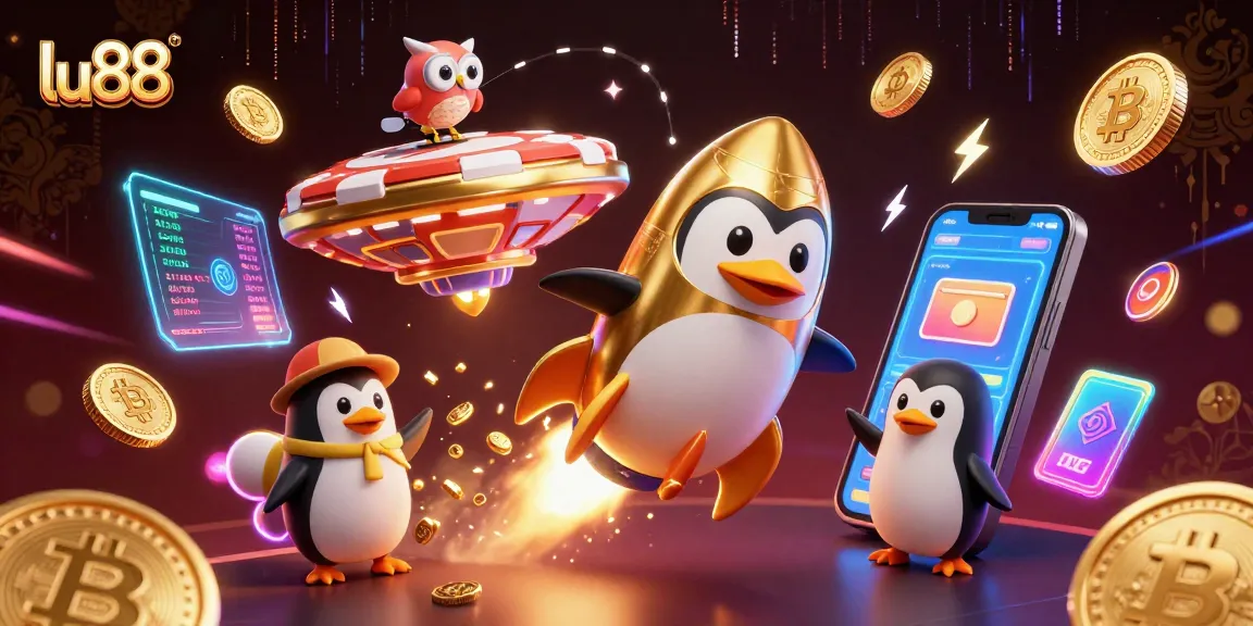 Experience thrilling gameplay at lu88 with a penguin racing toward an epic casino chip station.