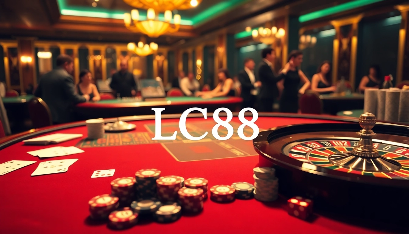 Experience the thrill of LC88 at an elegant casino table with poker chips and roulette wheel.