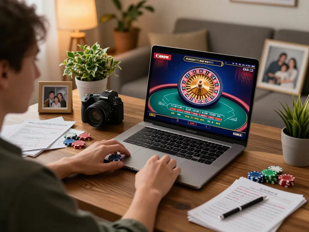 Player enjoying online gaming at home with uk88 live casino dealer on screen and betting strategies nearby.