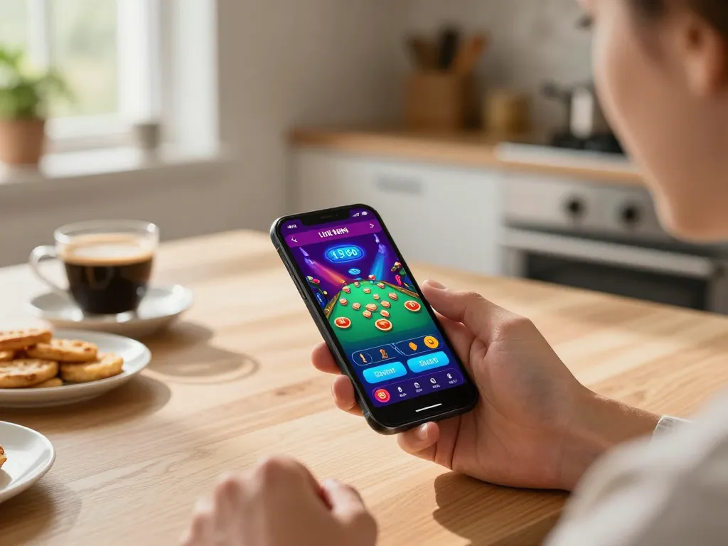 Person betting live on the LV88 app at home using a smartphone, showcasing a lively gaming interface.