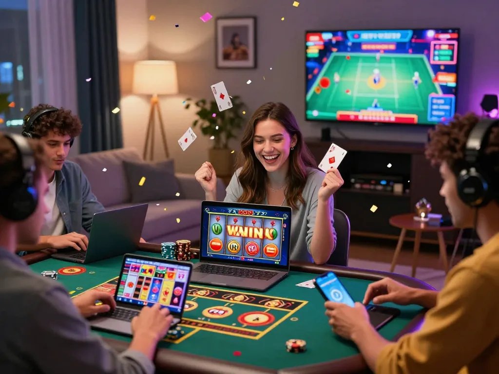 Exciting online gaming experience at 73H, featuring diverse players enjoying casino games and celebrating wins in a lively atmosphere.