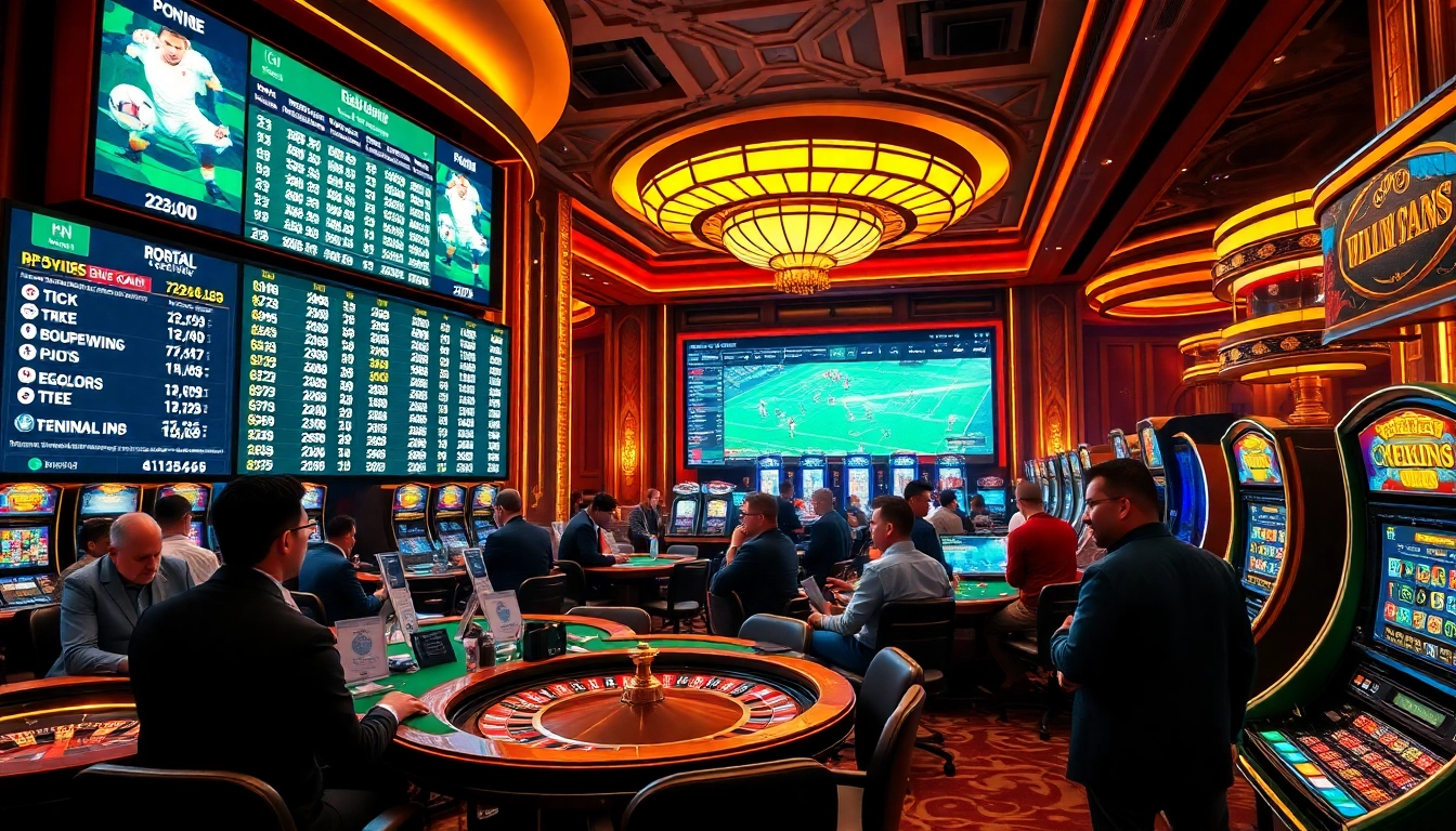 A vibrant casino scene showcasing the dynamic kèo nhà cái betting experience with engaged players at poker tables and glowing slot machines.