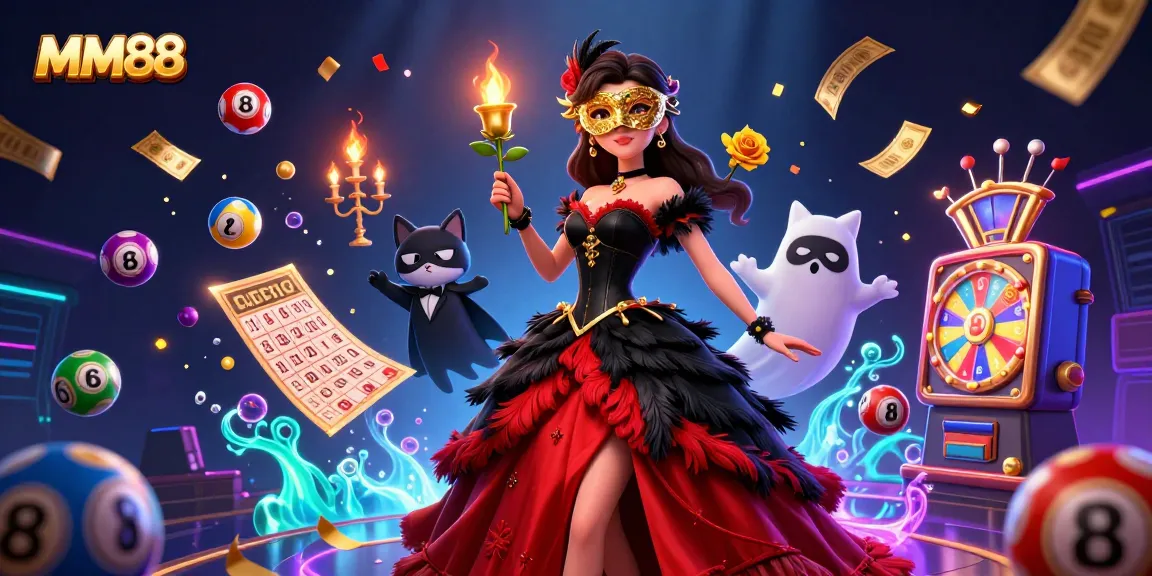 Engage with MM88's thrilling gaming experience amid vibrant casino elements and characters.