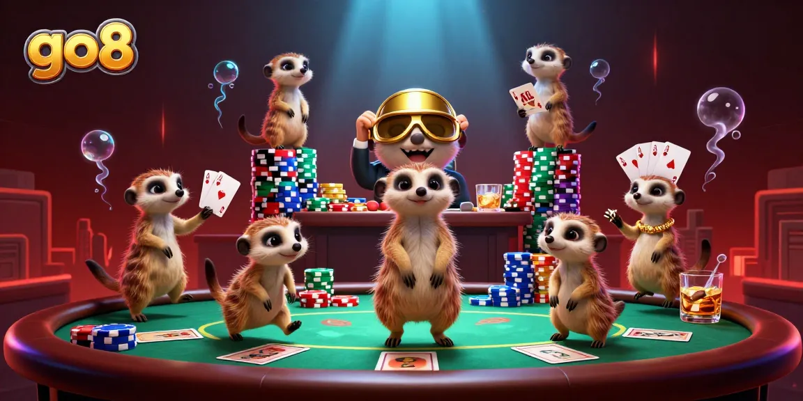 go8 casino meerkats engaging in poker, showcasing dynamic action and vibrant colors