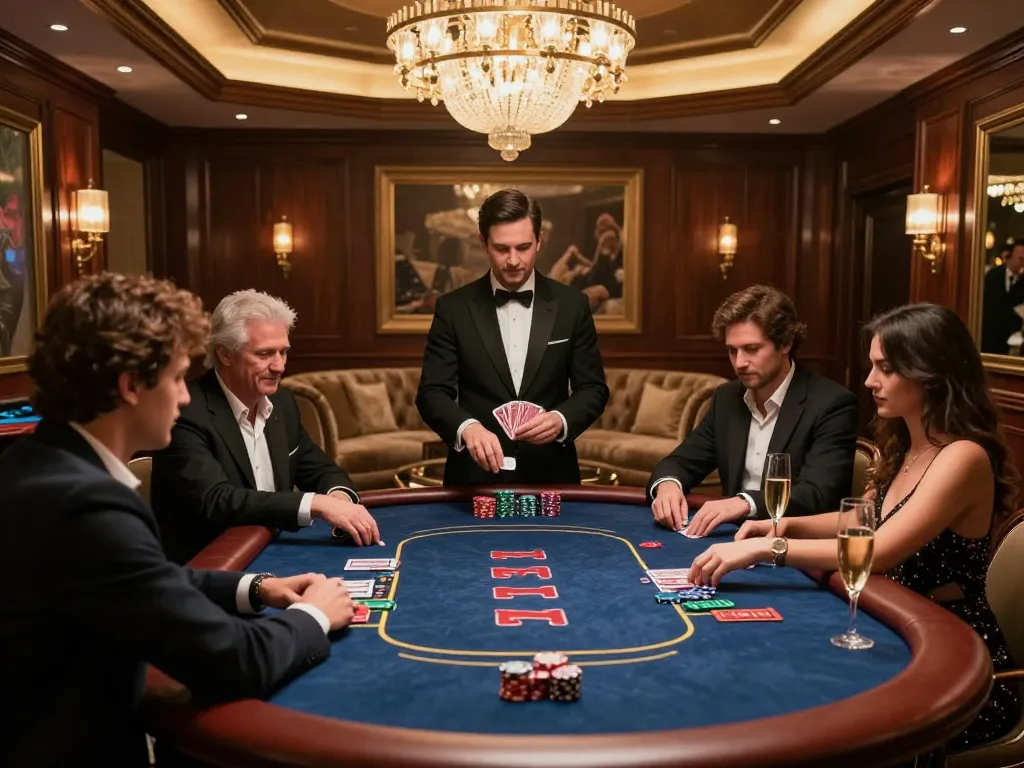 High-stakes poker scene at ee88bet VIP gaming table with engaged players and luxurious ambiance.