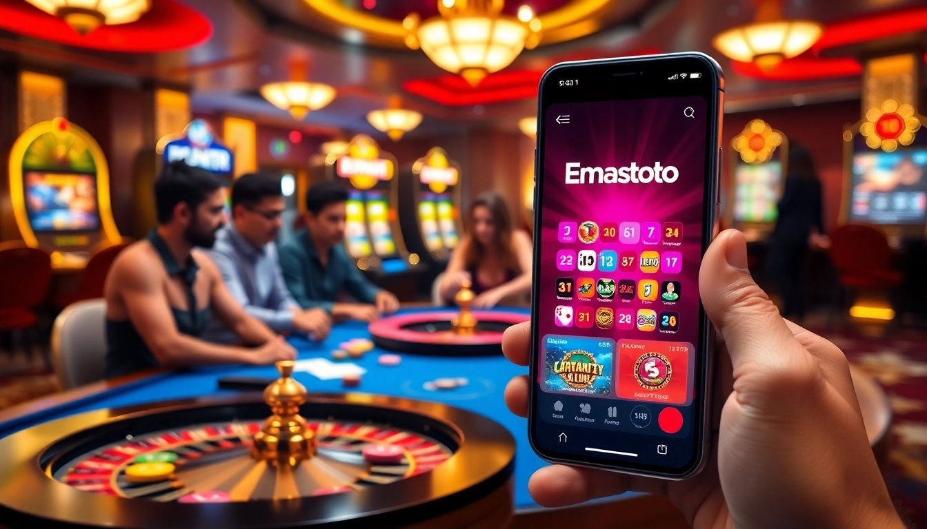 Engage in thrilling games with Emastoto at a luxurious casino featuring vibrant poker tables and slot machines.