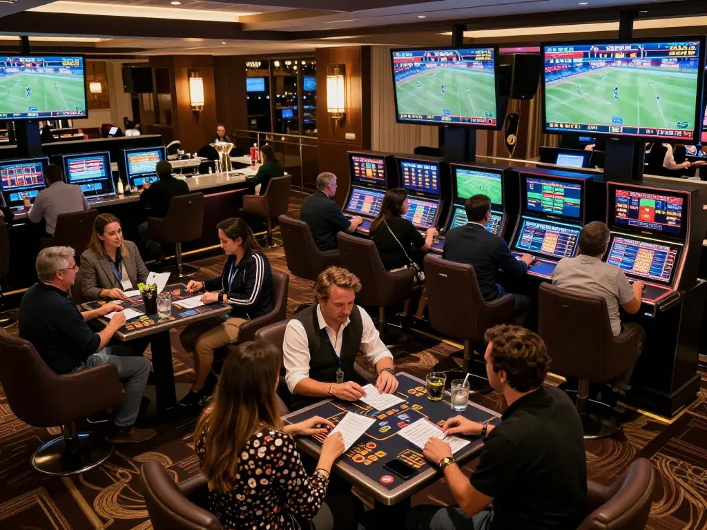 Engaged bettors analyzing odds at keonhacai5 hot sports betting area, showcasing dynamic wagering atmosphere.