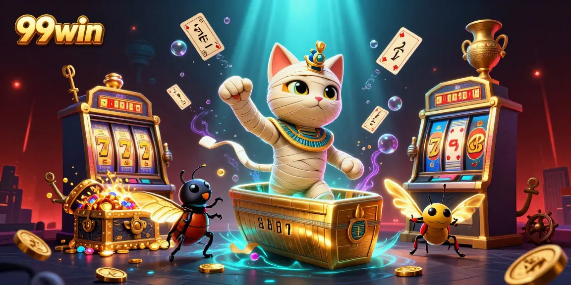 Experience thrilling gameplay with 99win as a mummy cat and scarab beetle burst from a casino sarcophagus.