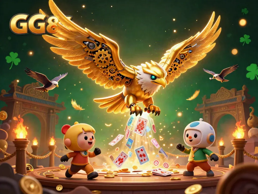 Experience thrilling gameplay at GG88 with a dynamic scene of a golden eagle diving through holographic cards surrounded by vibrant casino elements.