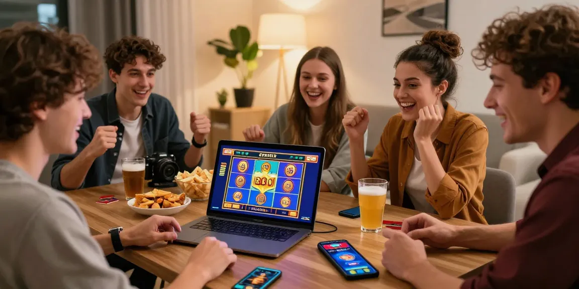 Friends enjoying online gaming at credit card casinos UK, showcasing vibrant games and a lively atmosphere.