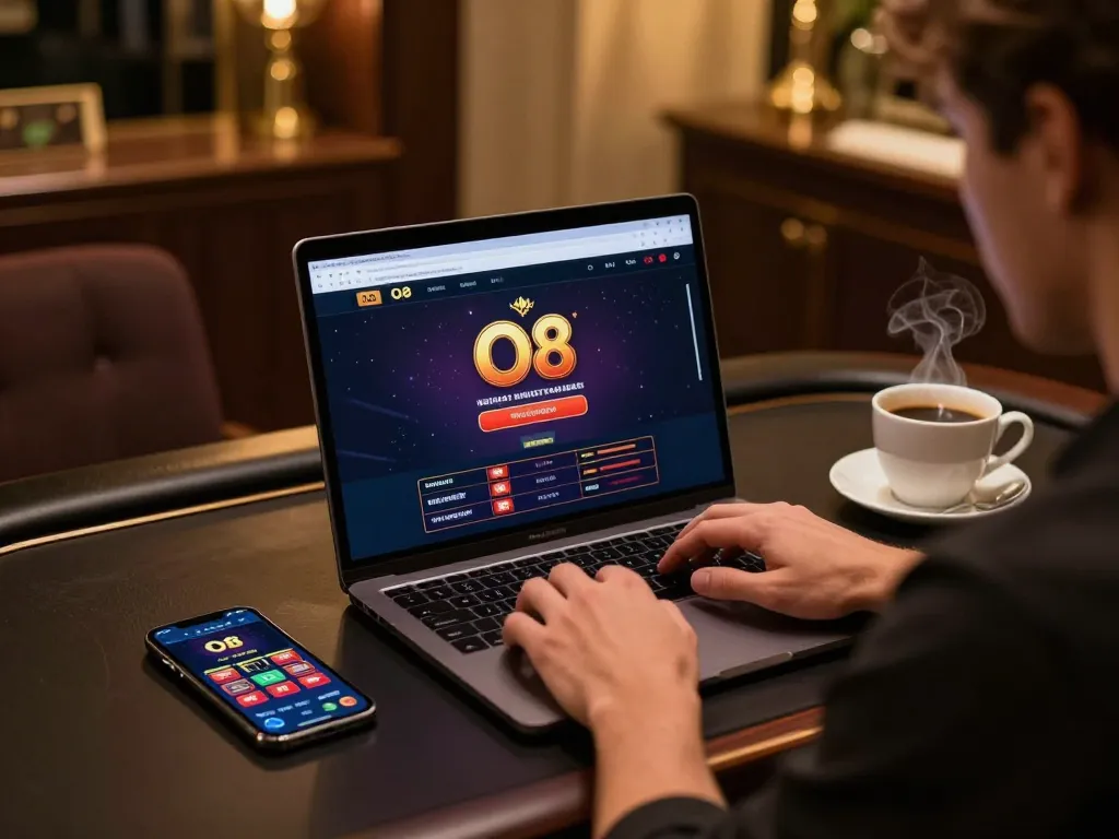 Engaged player exploring the O8 casino platform on a laptop in a stylish home office.