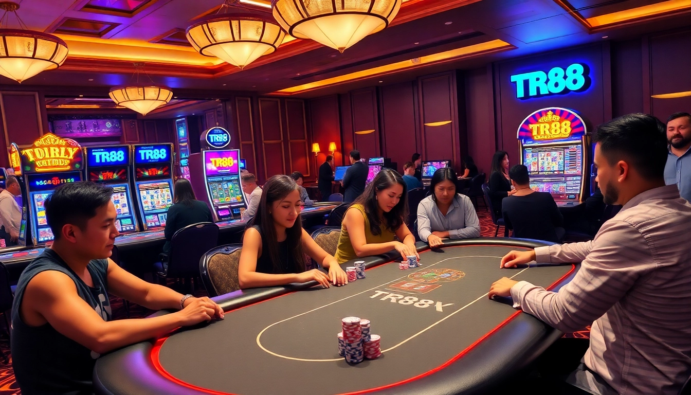 TR88 players celebrating big wins at a lively casino table with poker chips and roulette wheel.