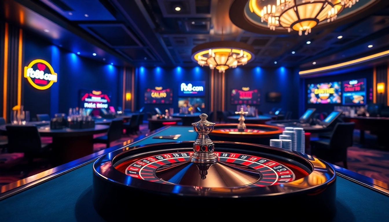 A player engages in online gambling at fb88 com, showcasing poker chips, a roulette wheel, and immersive gaming graphics.