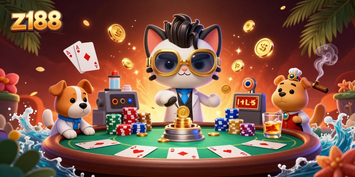 Join the z188 gaming frenzy with a joyful scene of a mad scientist cat and dog betting at a lively poker table.
