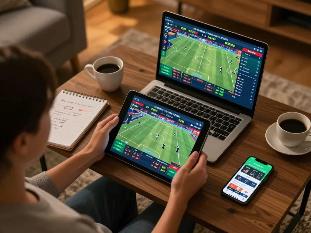 Win68 users engaging in online sports betting session with multiple live events displayed on tablet.