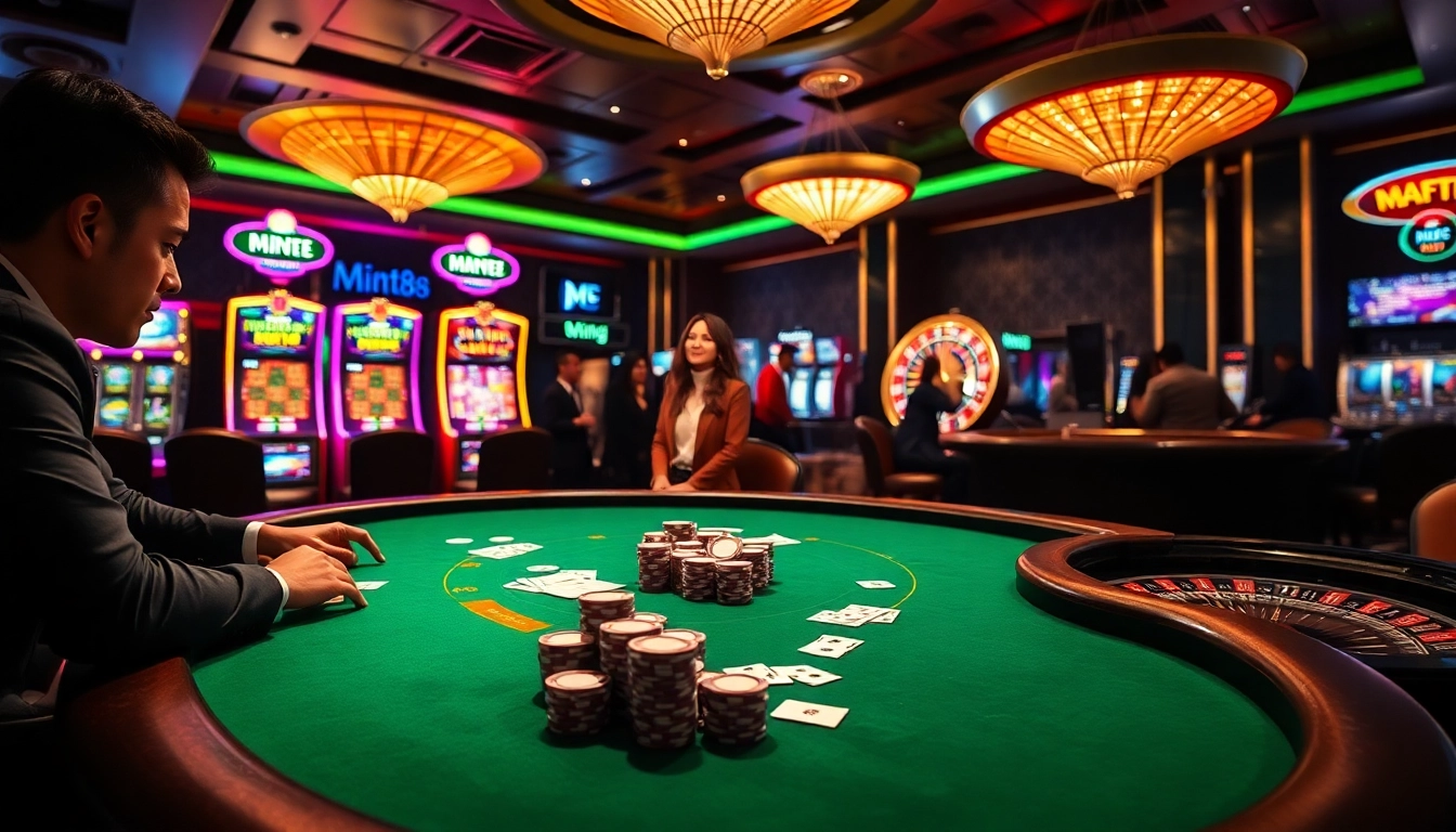 Mint88 players enjoying a luxurious casino atmosphere at a poker table with exciting gameplay.