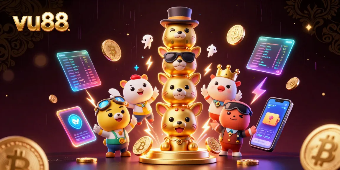 Engage with vu88's thrilling casino experience featuring a vibrant 3D totem and cryptocurrencies.