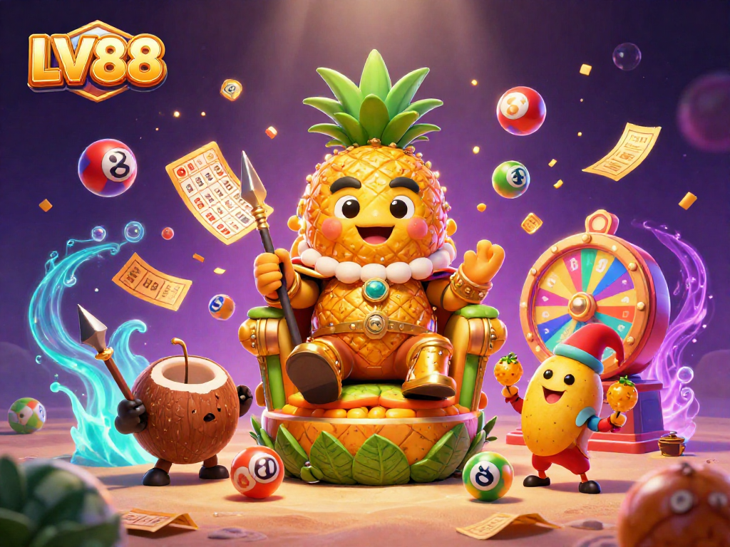 Experience LV88 with a vibrant casino scene featuring a pineapple king and colorful elements