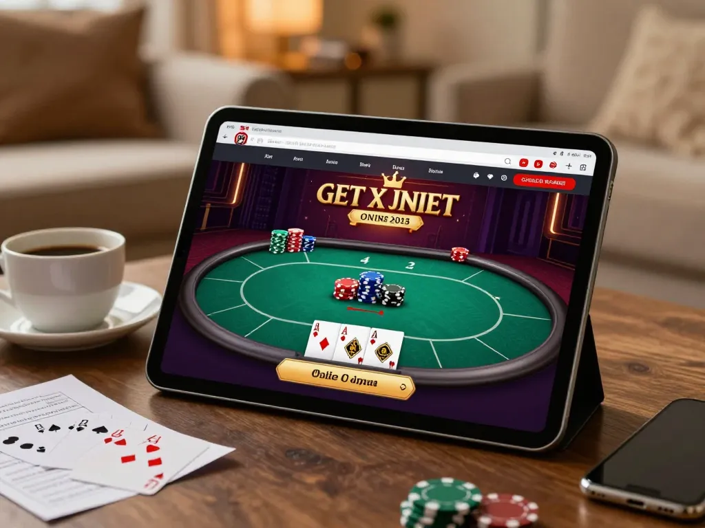 Engaging RR88 online poker game interface displayed on a tablet in a cozy home setting.
