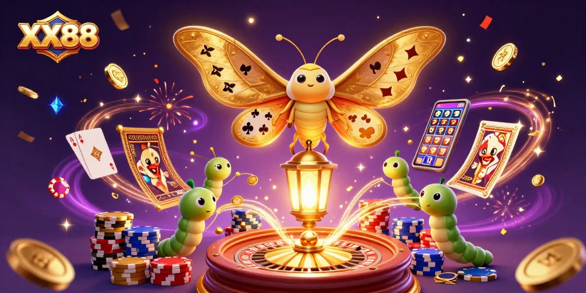 Engage with the vibrant XX88 casino scene surrounded by golden treasures and dynamic gaming elements.