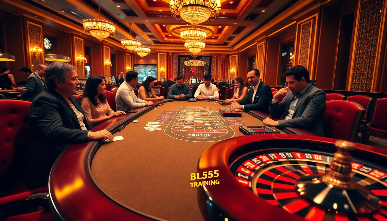 Engaging players at a luxurious table in a vibrant casino scene, showcasing https://bl555.training/ excitement.