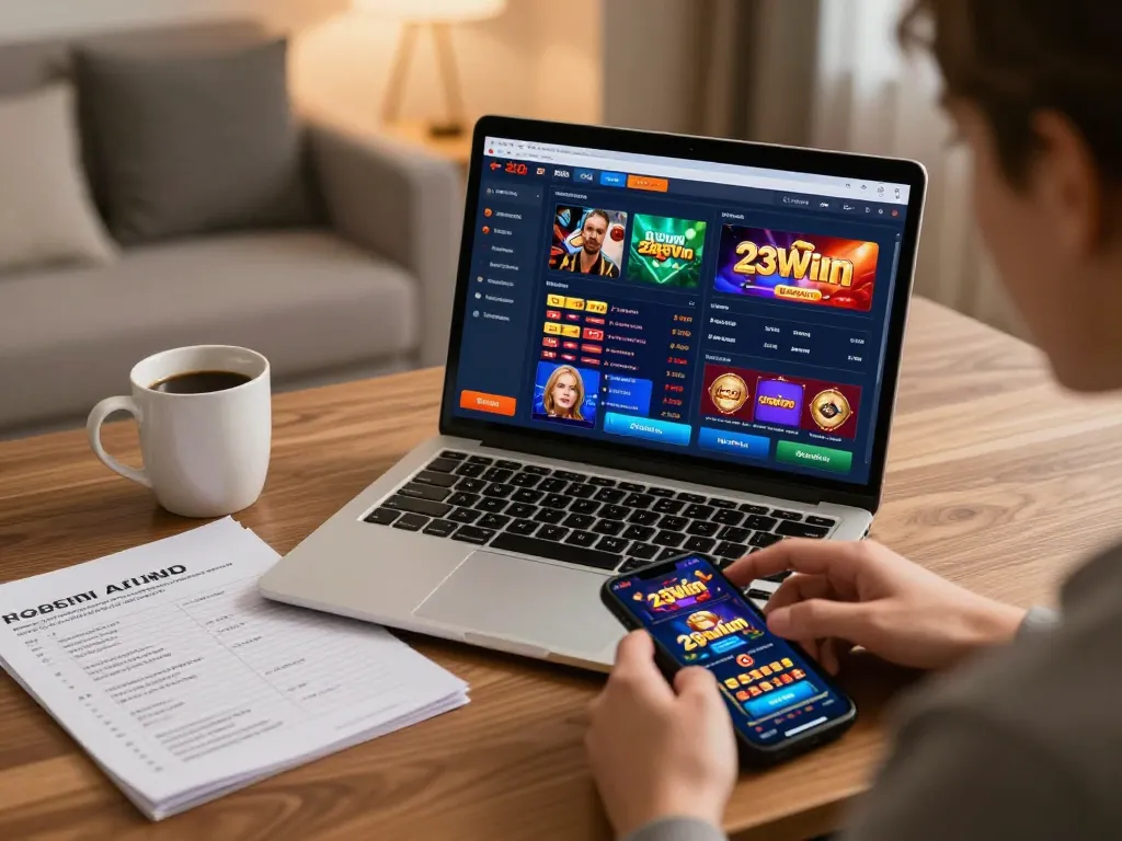Enjoying various 23Win casino games on a laptop and smartphone in a cozy home setting.