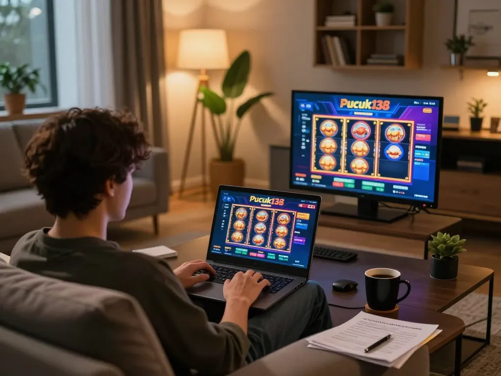 Engaging in online slots on Pucuk138 with strategic notes and vibrant interface in a cozy living room