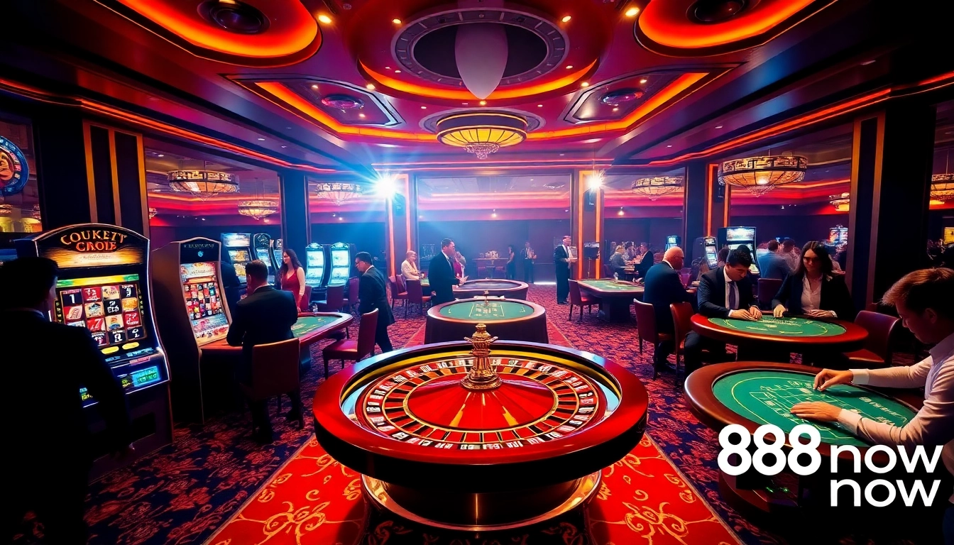Players enjoying a thrilling game of poker at 888now's luxurious casino setting.