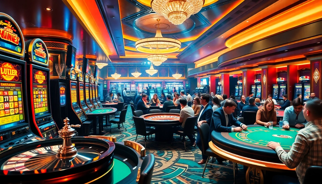 Newphim showcases an exciting casino scene with vibrant slot machines and enthusiastic players at poker tables.