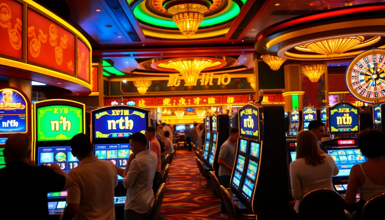 Excited players enjoying nổ hũ slot machines in a luxury casino setting.