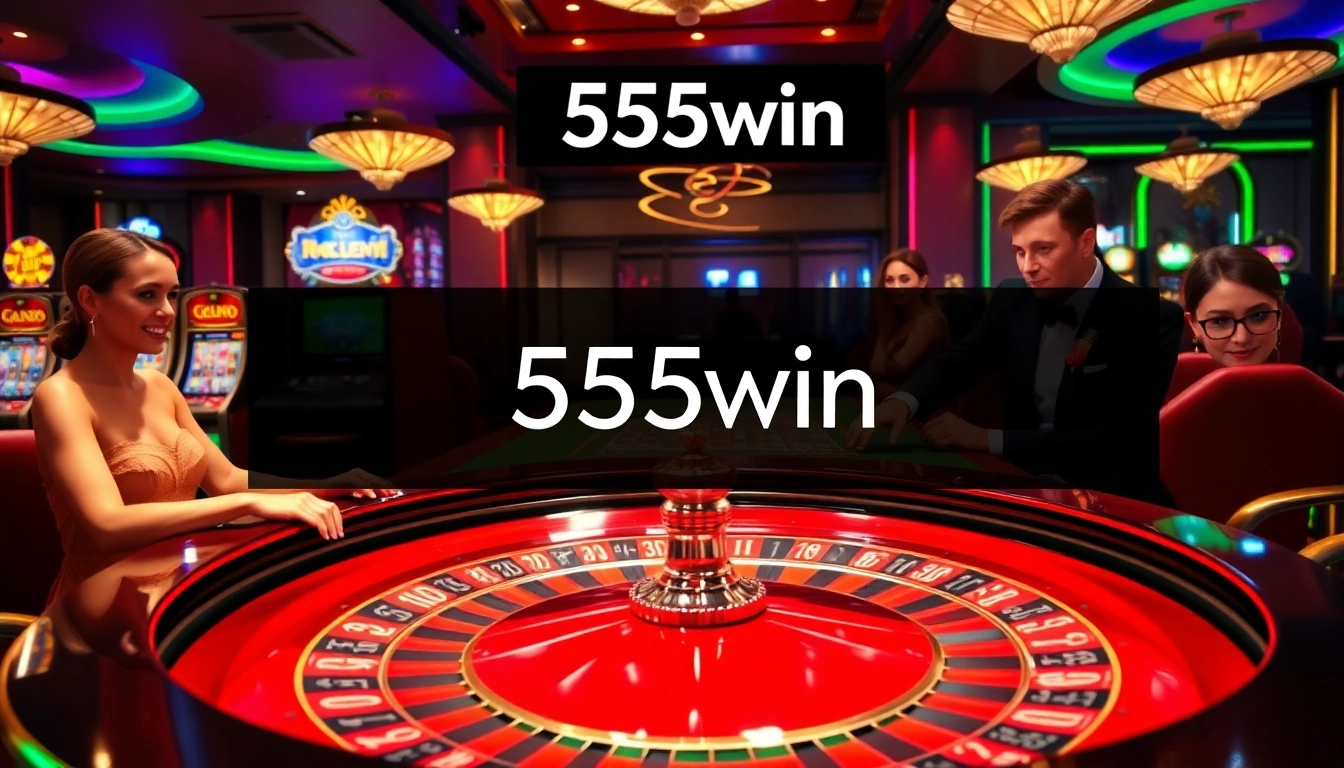 Experience the excitement of 555win at a vibrant casino with roulette and poker players.