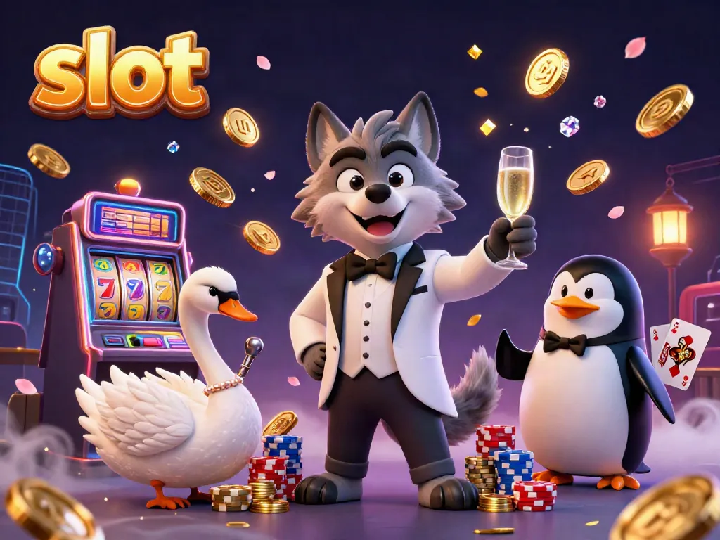 Engaging scene of a debonair wolf at a slot machine, showcasing excitement and casino prizes.