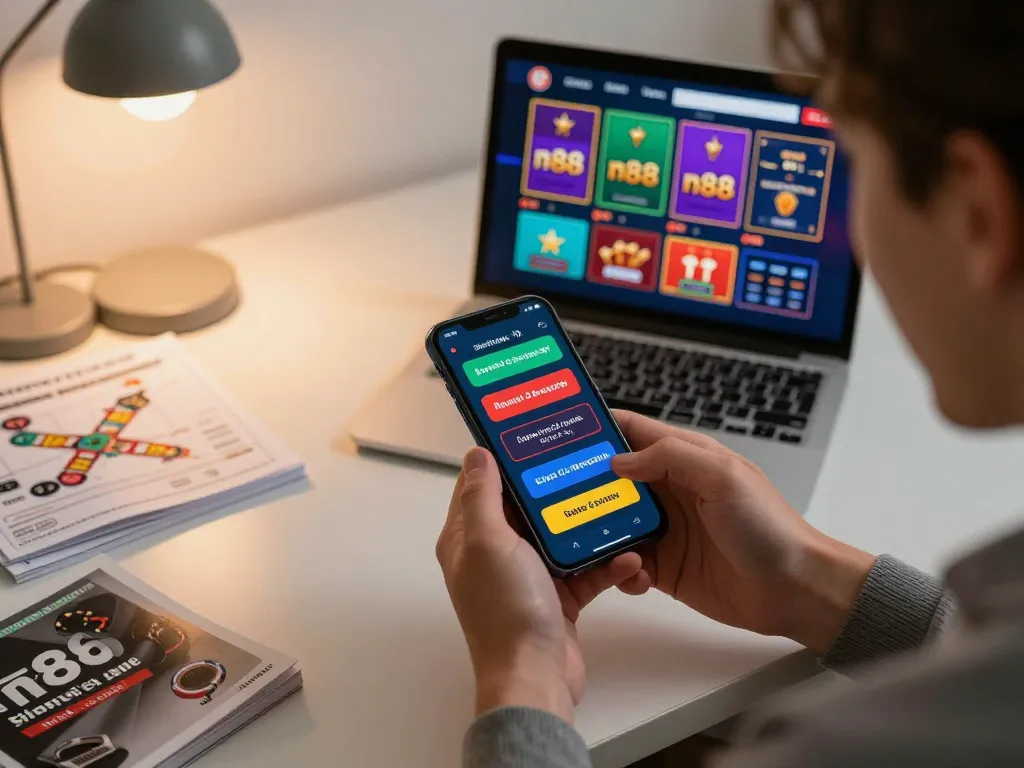Engaging player enjoying n88 mobile casino app in a stylish home office setting