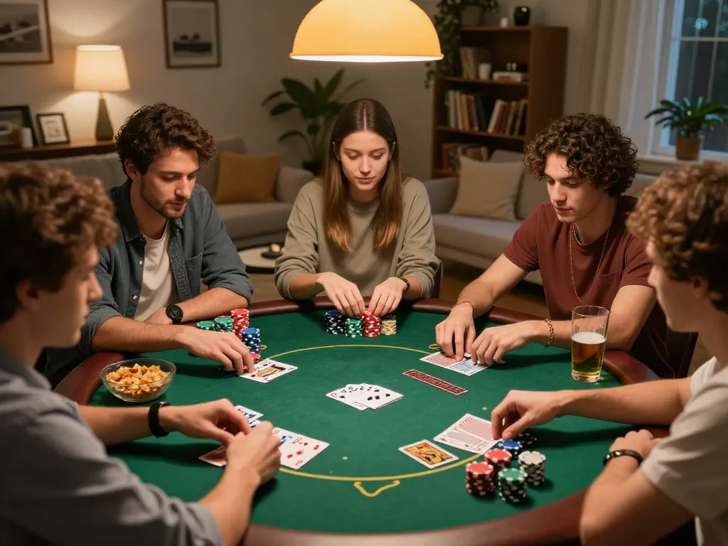 Engaging poker gameplay with friends at home, highlighting 79KING strategic moments.