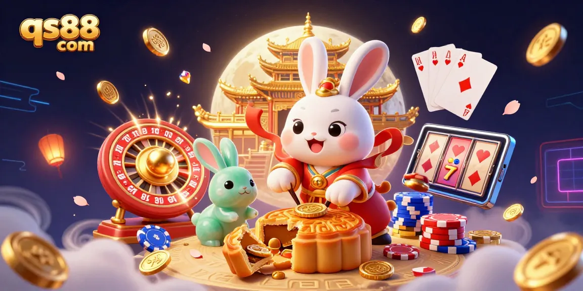 Engage with qs88 com as the moon rabbit pounds mooncakes revealing poker chips in a vibrant casino scene.