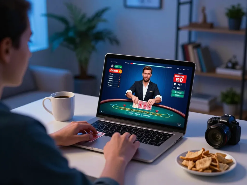 Engaging with live dealer blackjack game on laptop featuring twin68 in a cozy home setting.