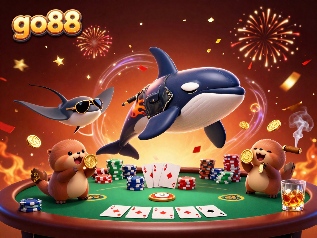 go88 showcases a dynamic scene with animated sea creatures celebrating at a casino-themed poker game.