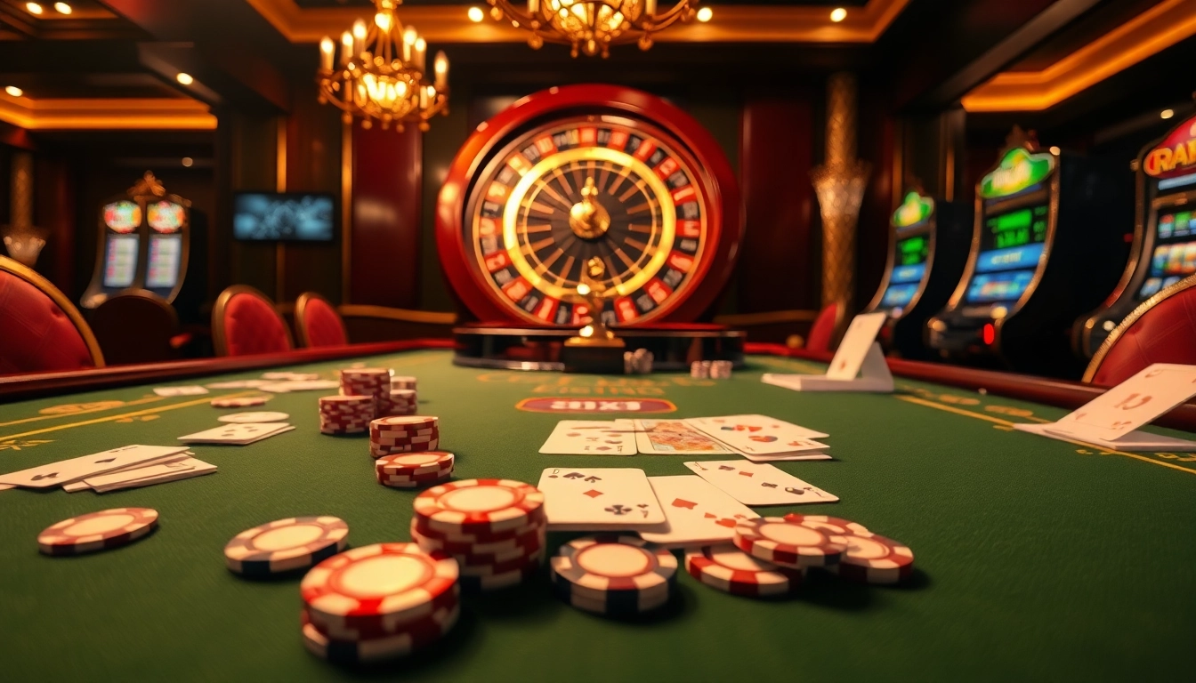 Exciting kqsx gambling scene with poker chips, roulette wheel, and vibrant cards in a luxurious casino.