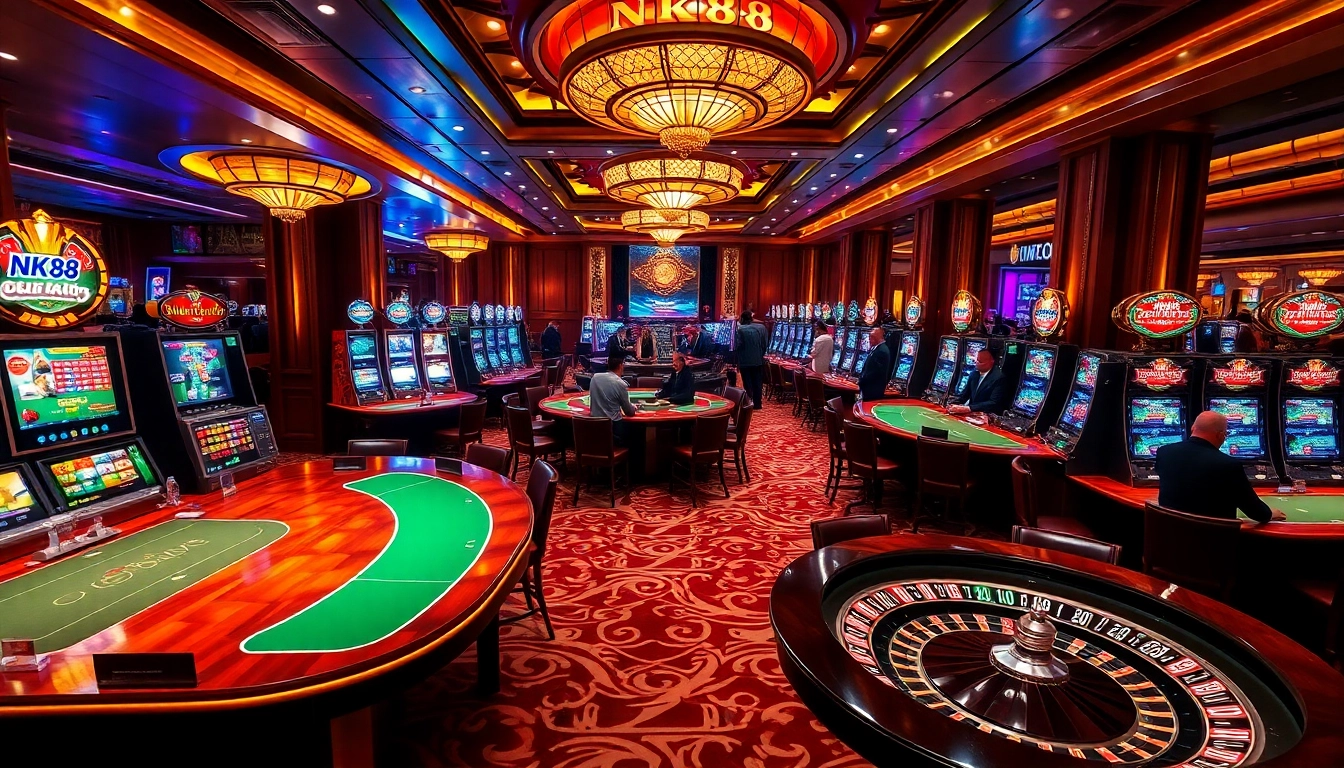 Engaged players enjoying casino games with NK88 brand elements, showcasing a vibrant gaming atmosphere.