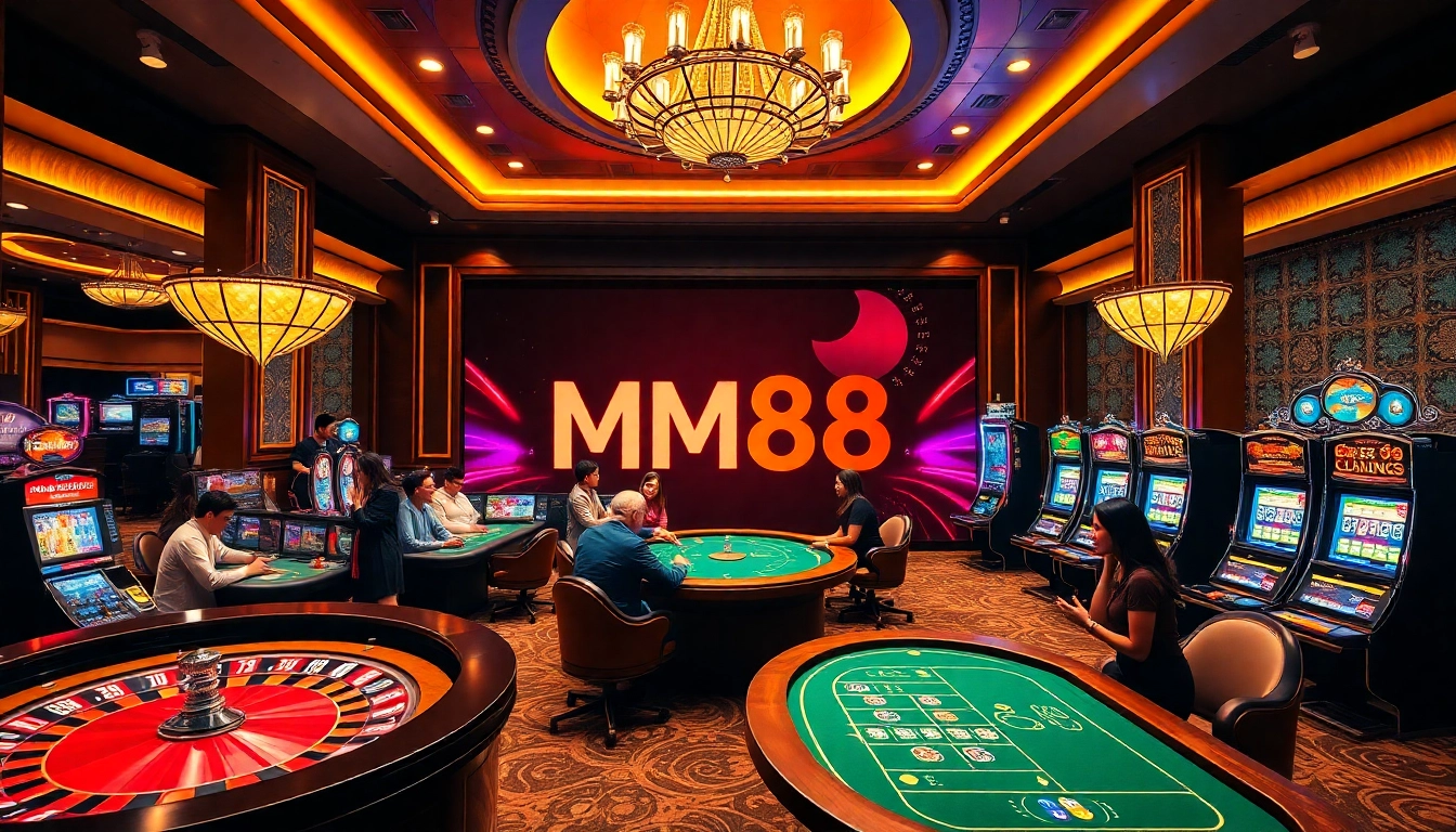 Engaging scene of online gambling at https://mm88.agency/ with players at casinos and vibrant games.