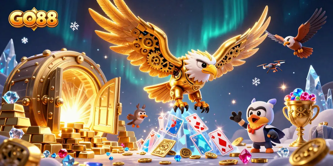 Experience thrilling wins at GO88 with a cybernetic eagle soaring through a dazzling treasure-filled casino realm.