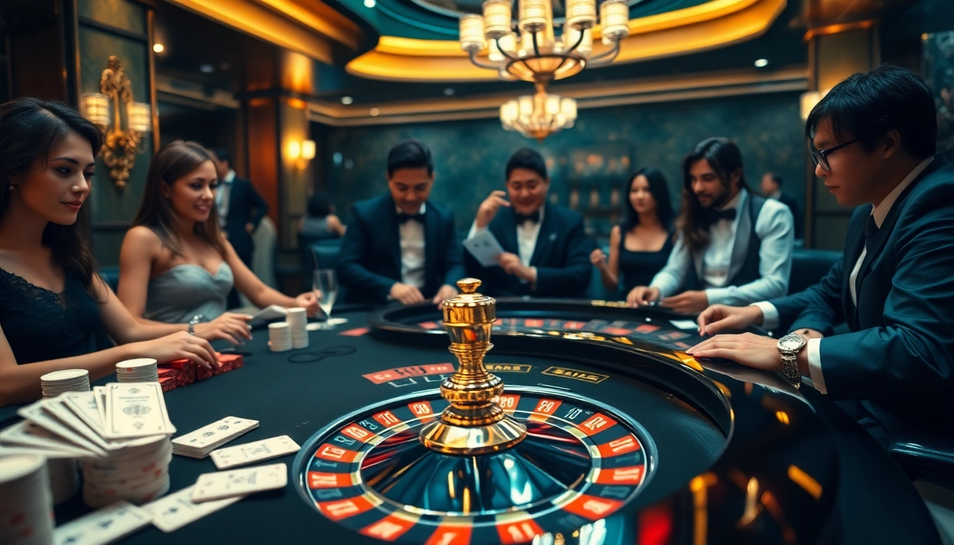 Experience top-notch gambling at https://rr88.autos/ with a thrilling casino scene showcasing card games and roulette.