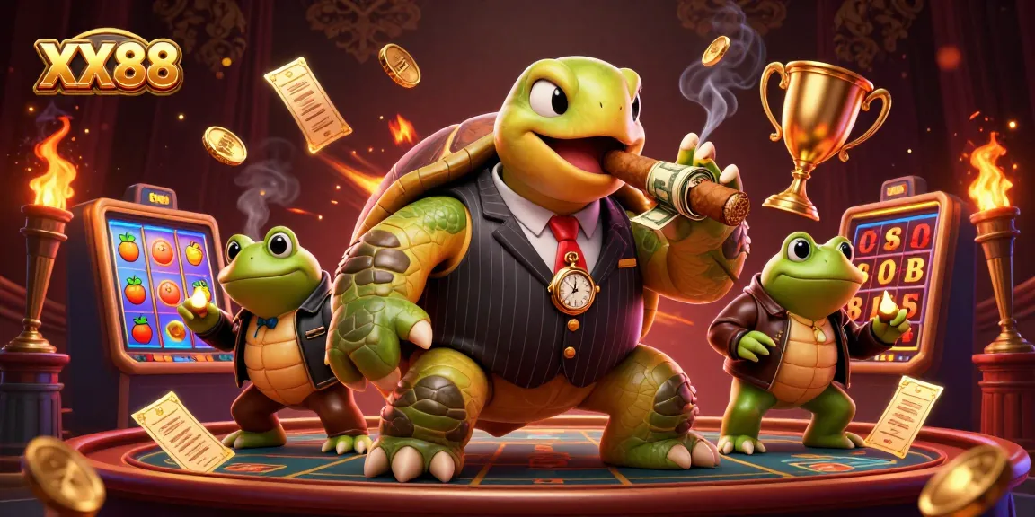 Experience thrilling action at XX88 casino with a 3D cartoon turtle and bullfrogs in a dynamic gaming scene.
