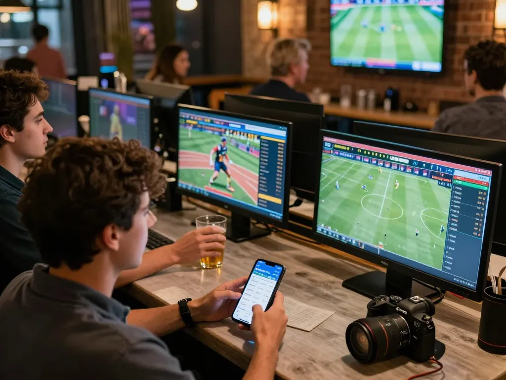 Engaging sports betting scene showcasing F8BET user analyzing live odds in a modern bar atmosphere.
