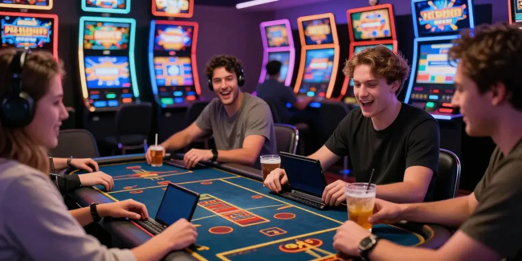 Group enjoying a non-Gamstop casino experience in a lively setting.
