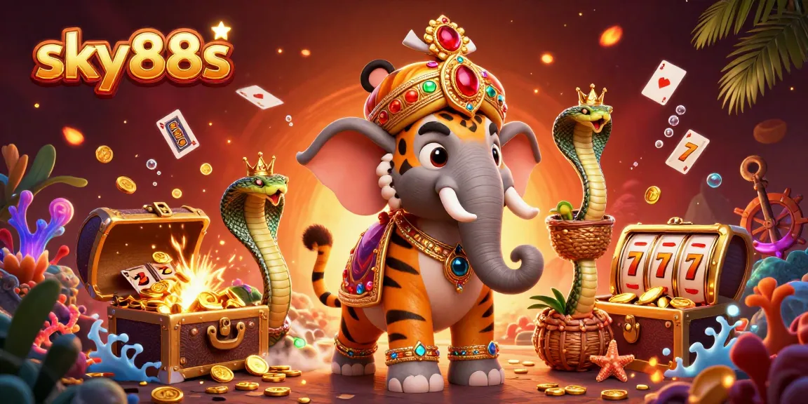 Experience excitement at sky88s with a lively 3D casino scene featuring a maharaja and treasures.